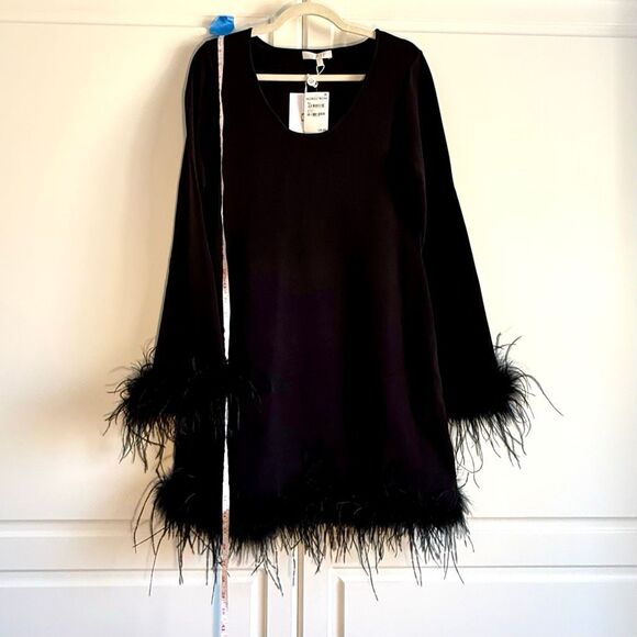 NWT WAYF (Where Are You From) “Karlie” black feather trim long sleeve mini dress - Picture 11 of 13